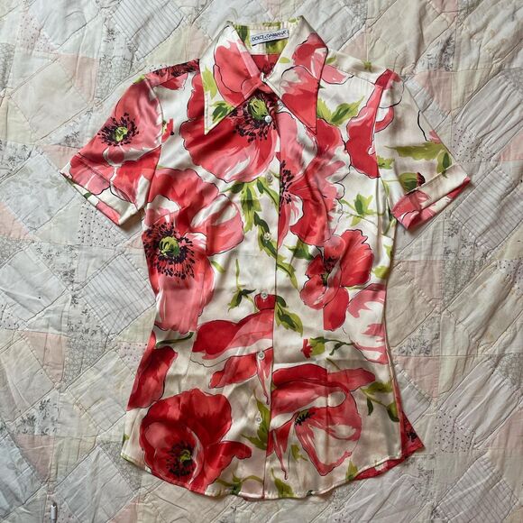 dolce and gabbana rare d&g pink and white floral silk collared button up size 42 - Picture 1 of 8